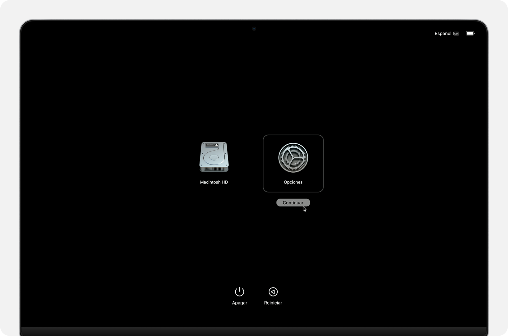 Pantalla de opciones de inicio en una Mac con chip de Apple.