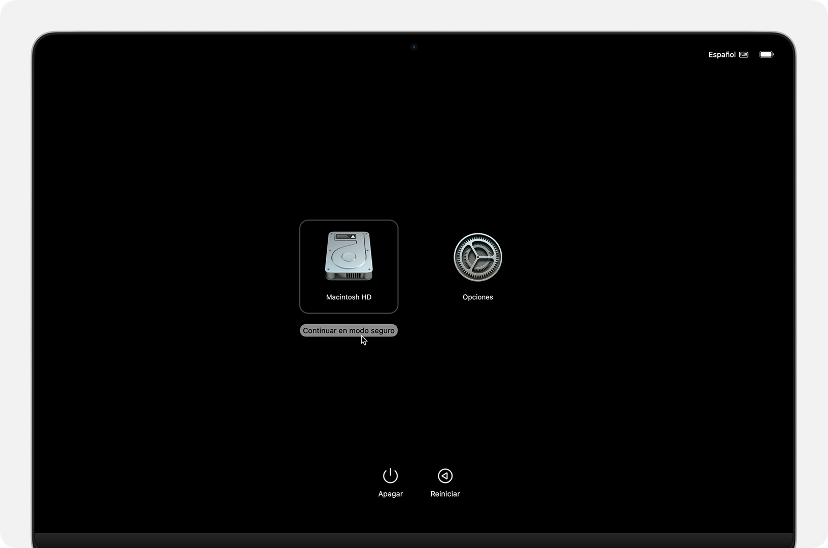 Pantalla de opciones de arranque con el botón Continuar en modo seguro debajo de Macintosh HD