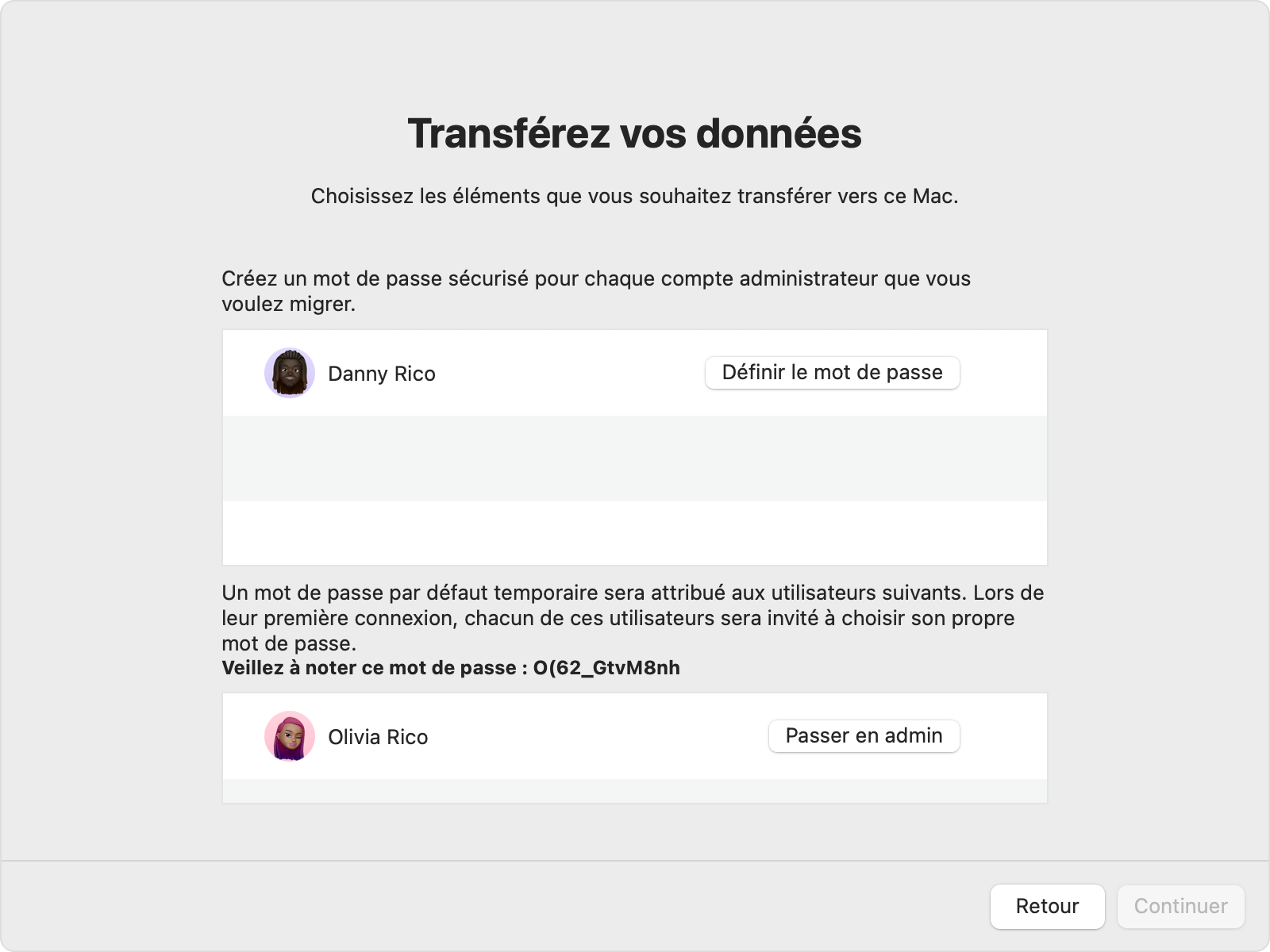 L’Assistant migration affiche les options de mot de passe pour un compte administrateur et non-administrateur.