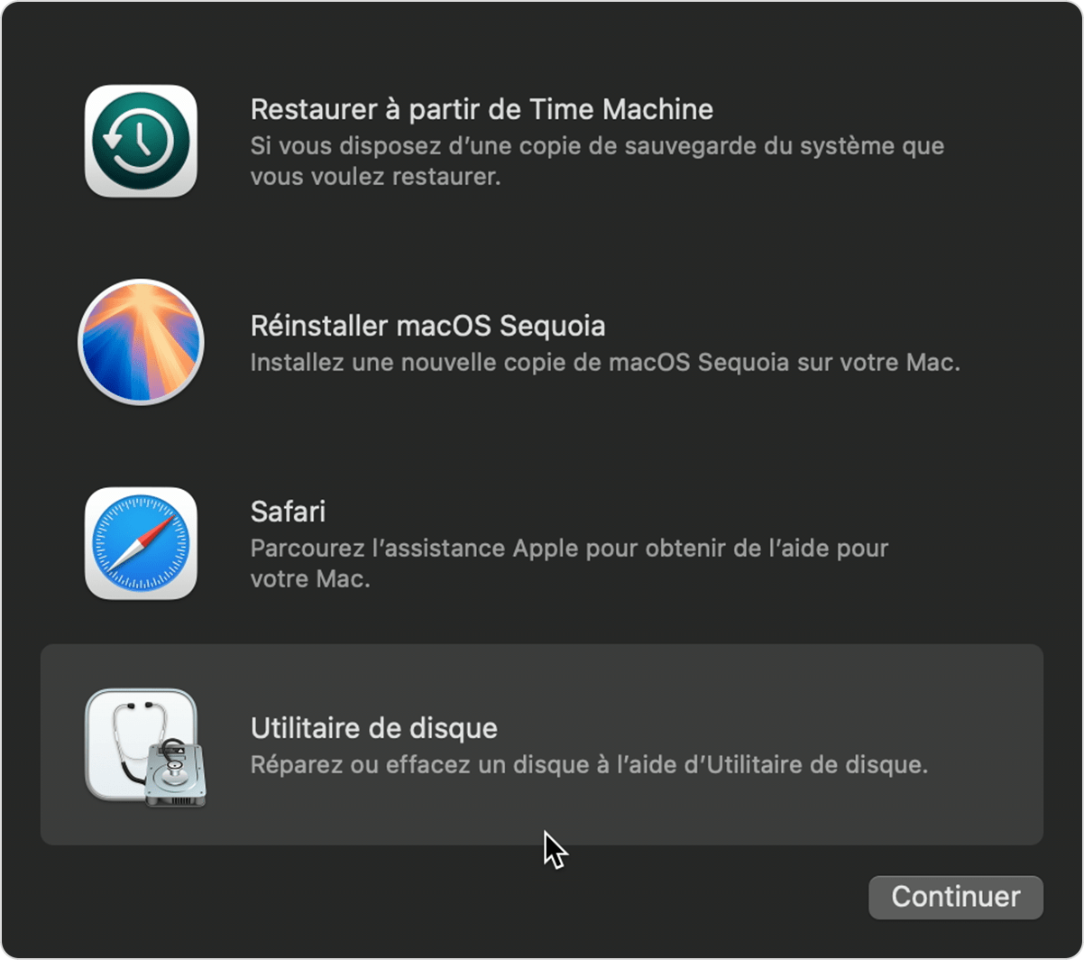 Fenêtre Utilitaires de la fonctionnalité de récupération de macOS