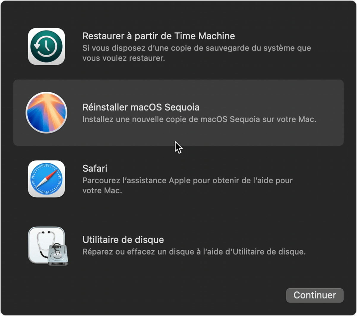 Liste des utilitaires dans Récupération macOS.