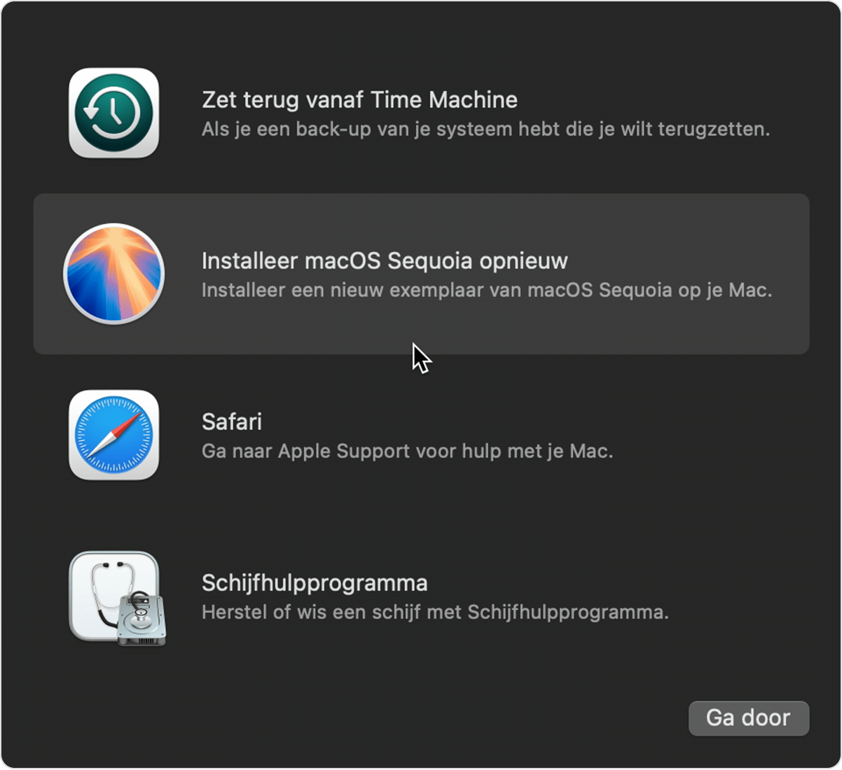 Lijst met hulpprogramma's in macOS-herstel.