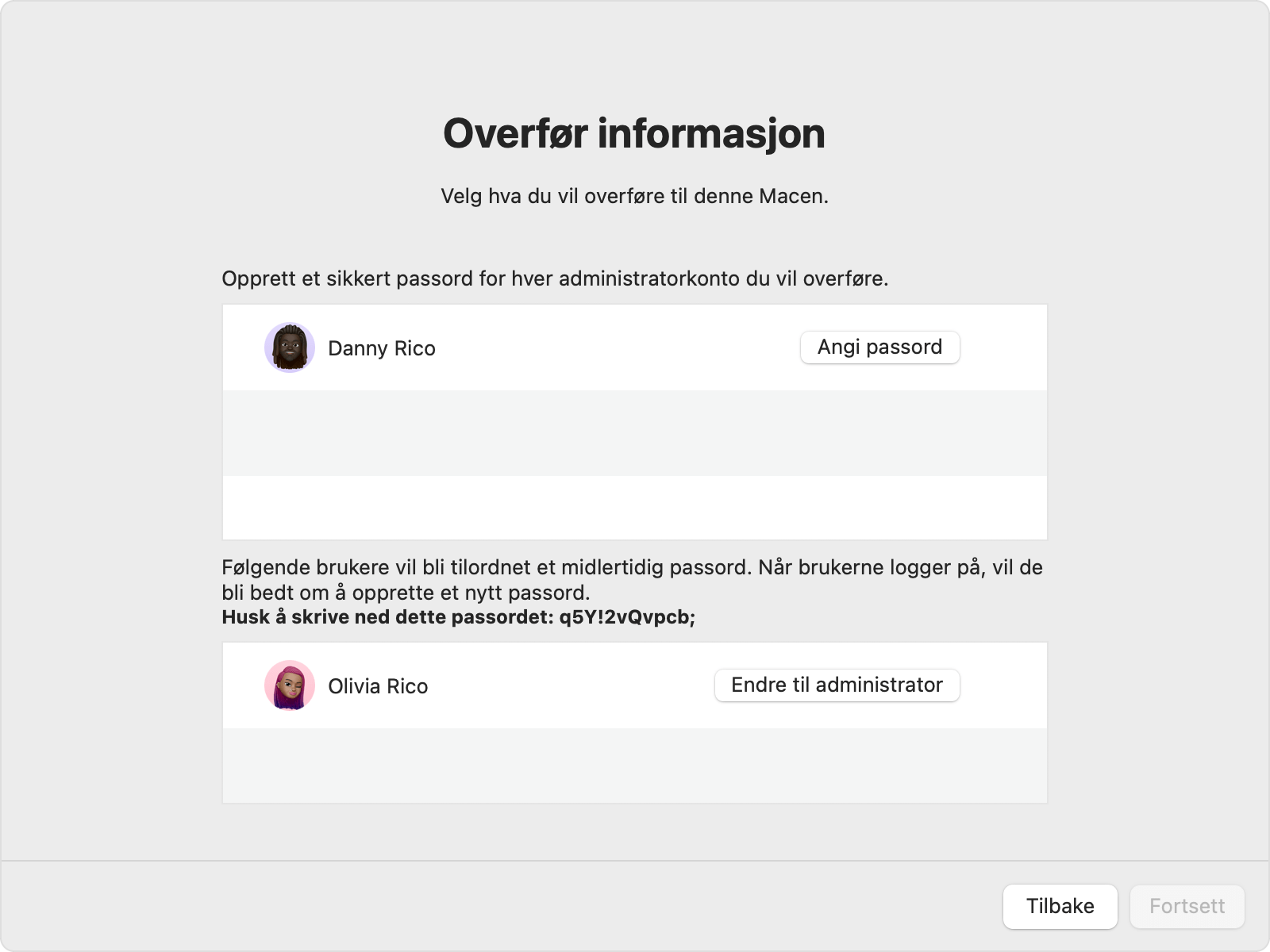 Overføringsassistenten viser passordalternativene for administrator- og ikke-administratorkonto.