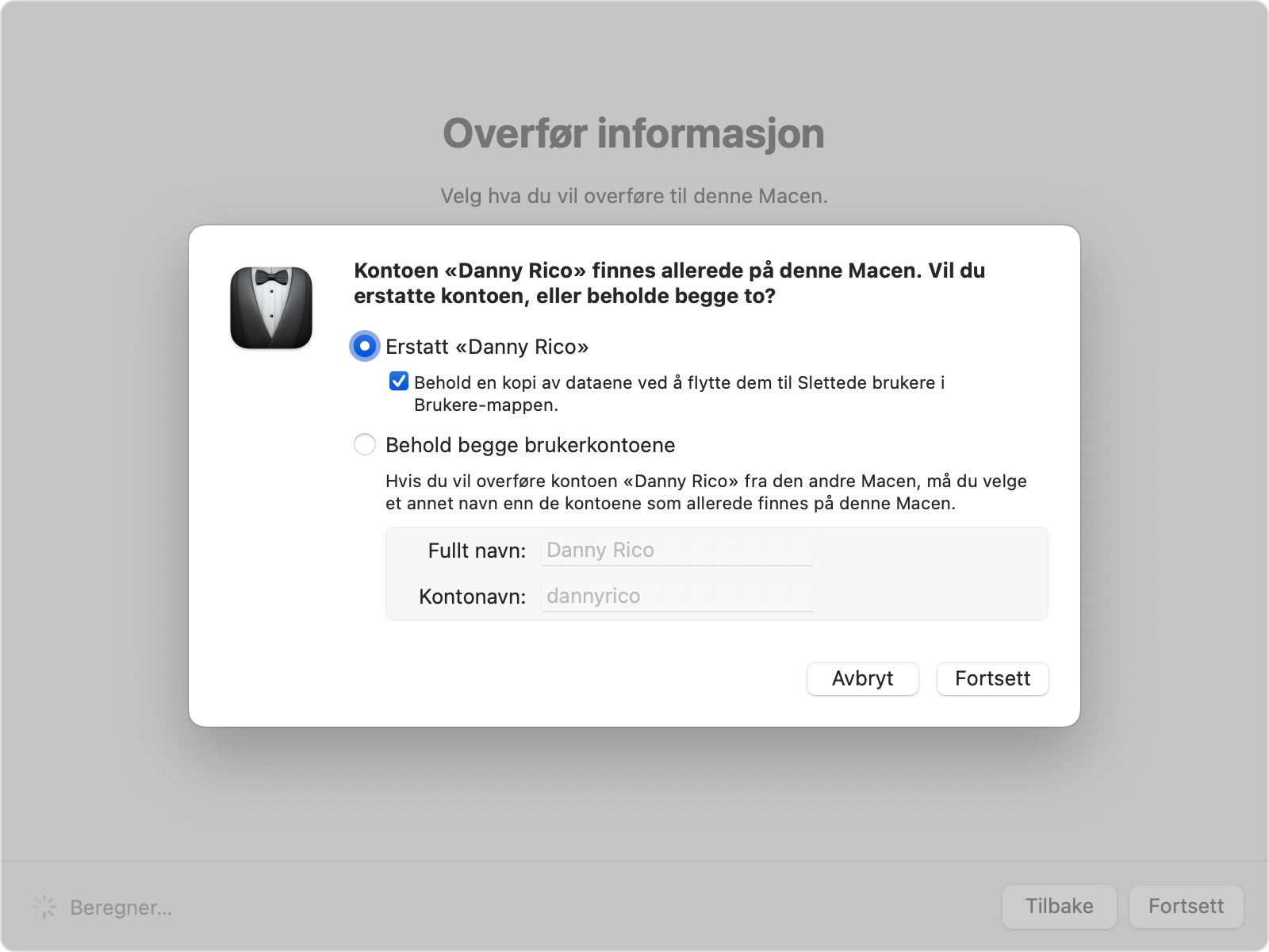 Overføringsassistenten viser alternativene for å erstatte eller beholde en eksisterende konto.