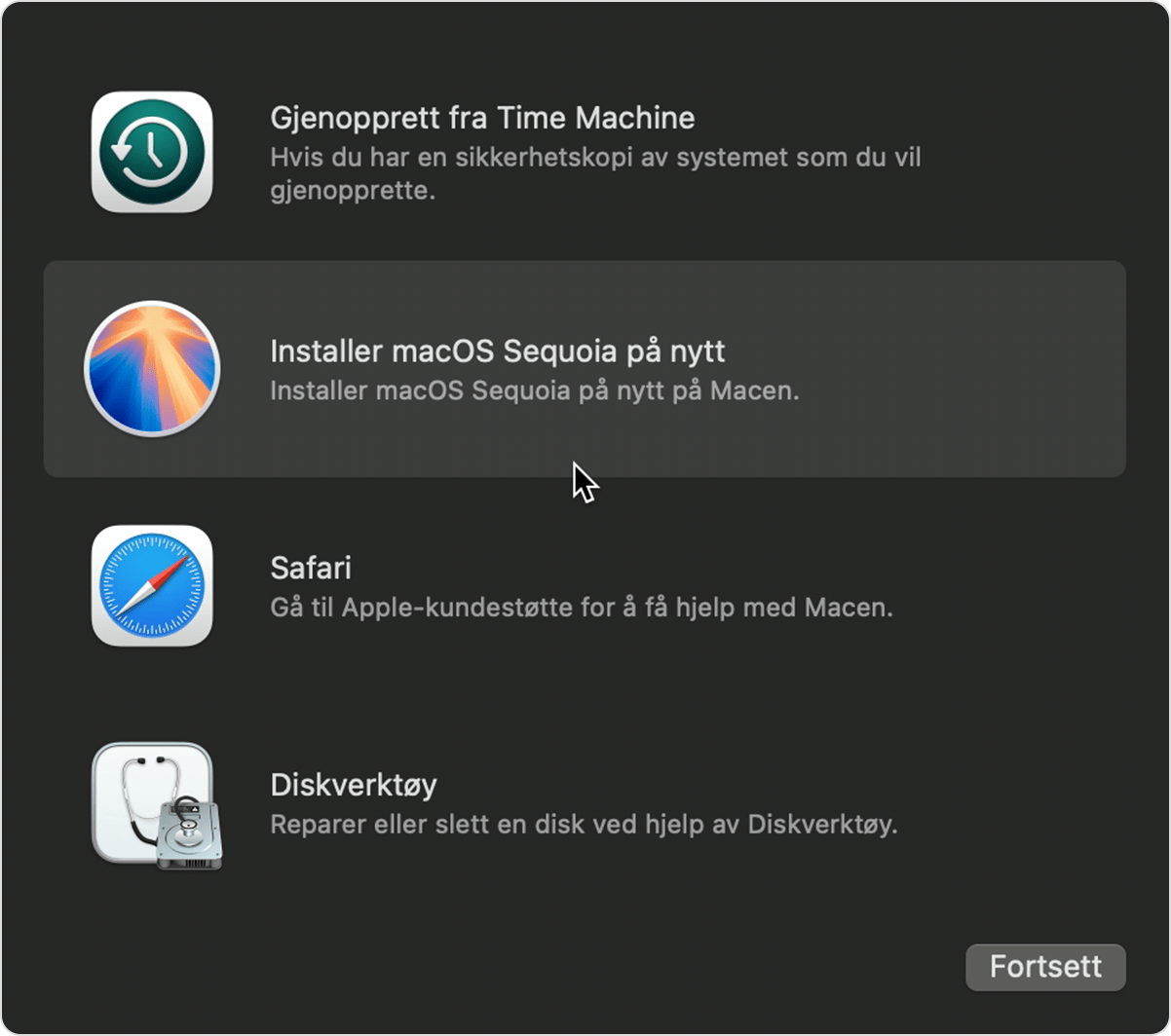 Liste over verktøy i macOS-gjenoppretting.