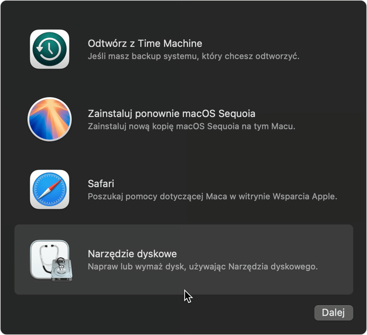 Okno Narzędzia w trybie odzyskiwania systemu macOS