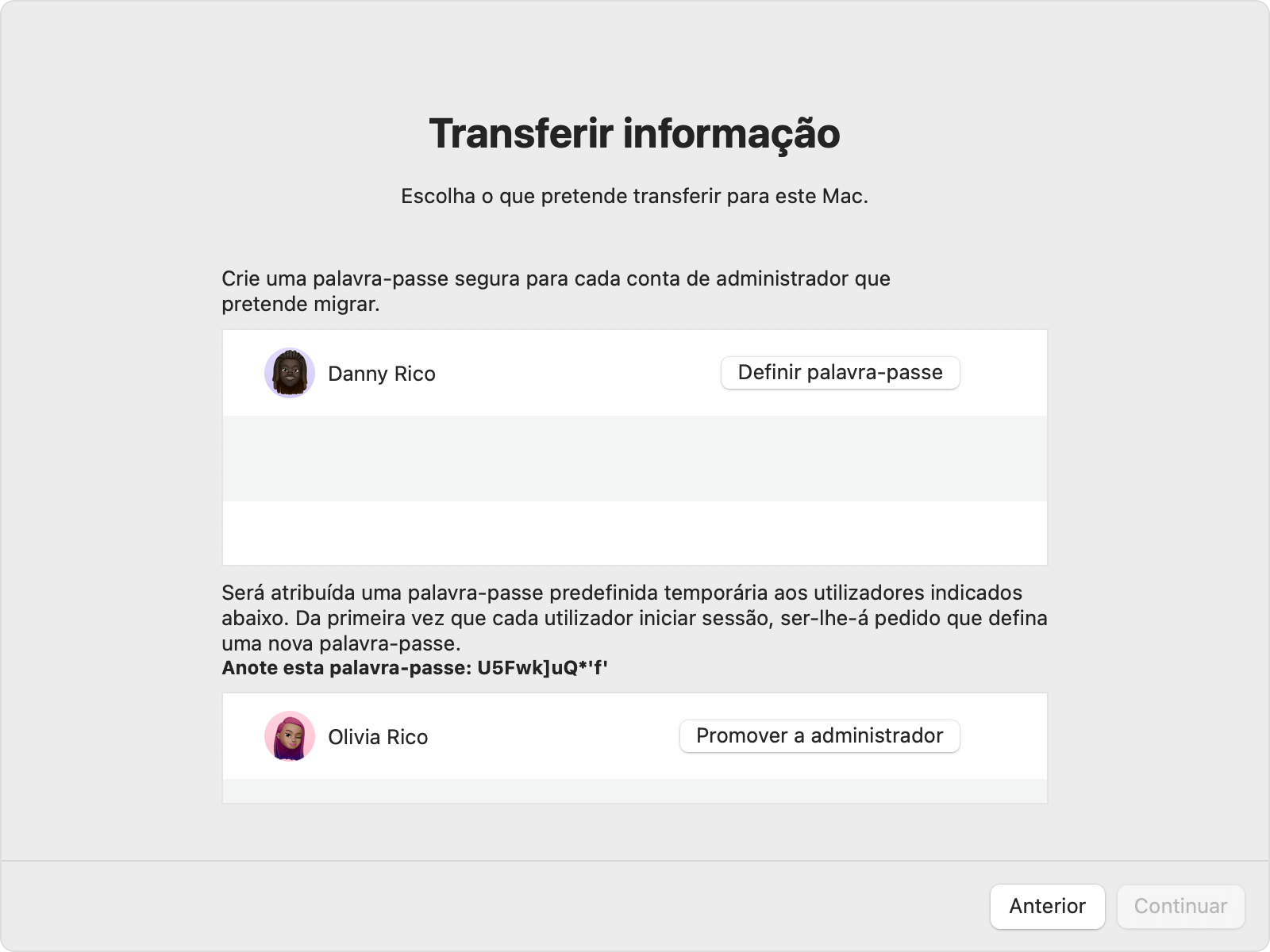 Assistente de migração a mostrar as opções de palavra-passe de uma conta de administrador e de não administrador.