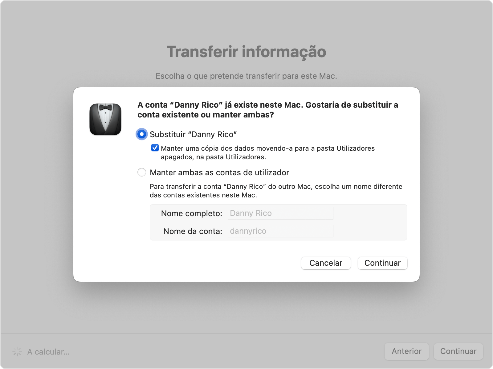 Assistente de migração a mostrar as opções de substituição ou manutenção de uma conta existente.