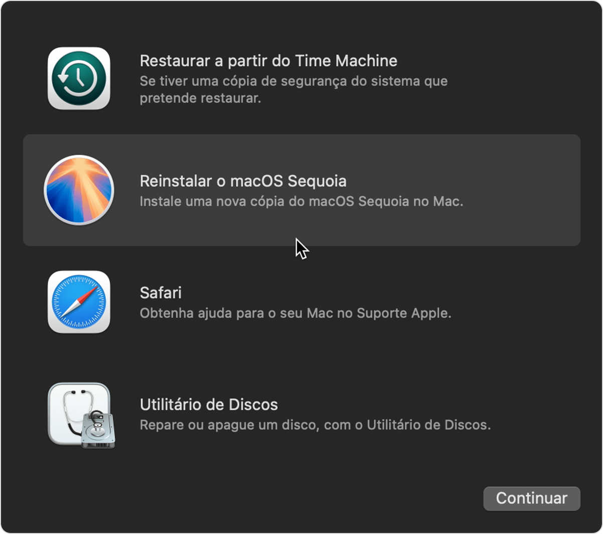 Lista de utilitários na Recuperação do macOS.