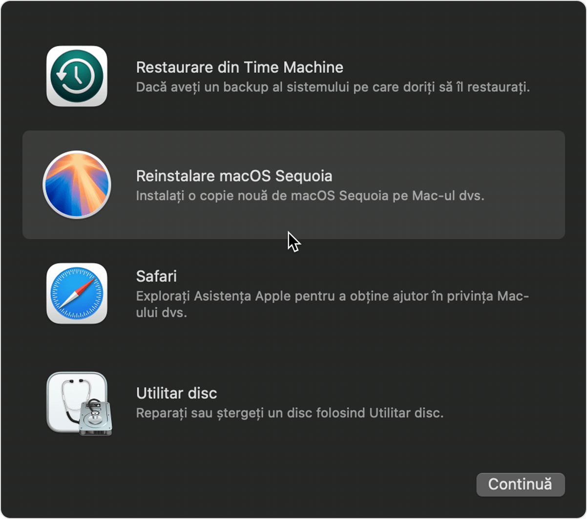 Lista de utilitare din Recuperare macOS.