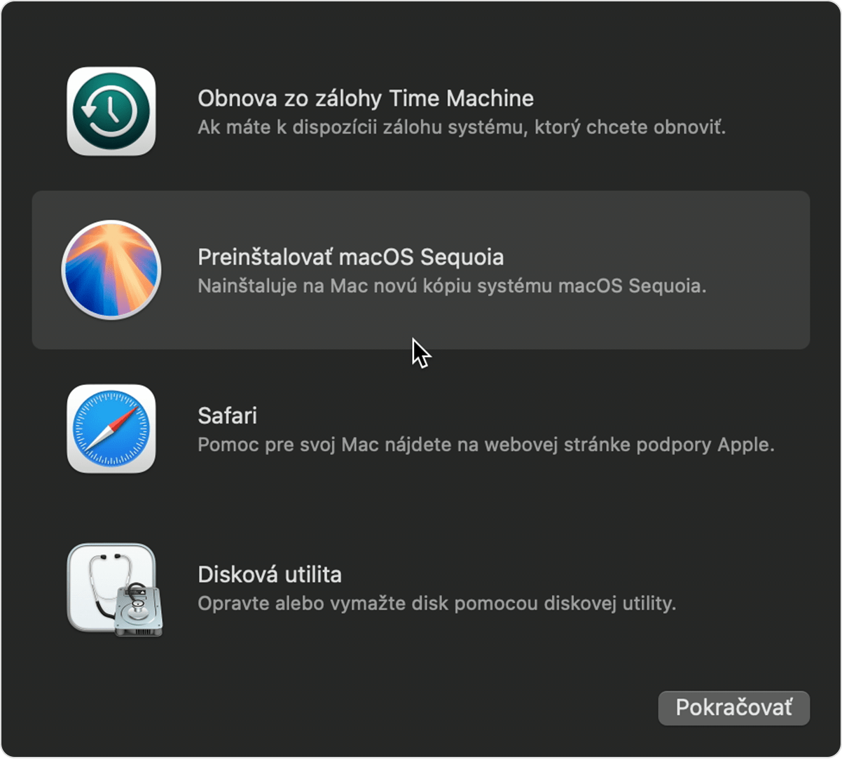 Zoznam utilít v Obnove macOS.