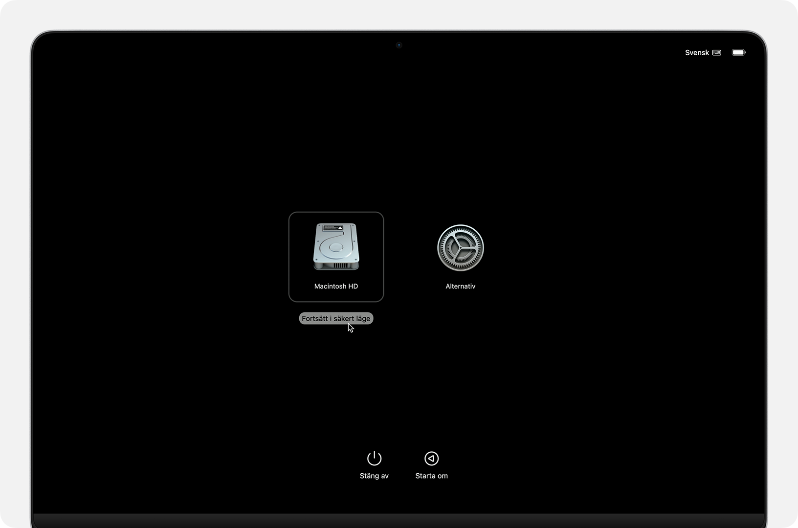 Skärmen för startalternativ med knappen Fortsätt i säkert läge som visas under Macintosh HD