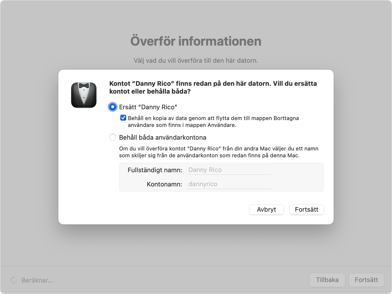 Flyttassistent visar alternativen för att ersätta eller behålla ett befintligt konto.