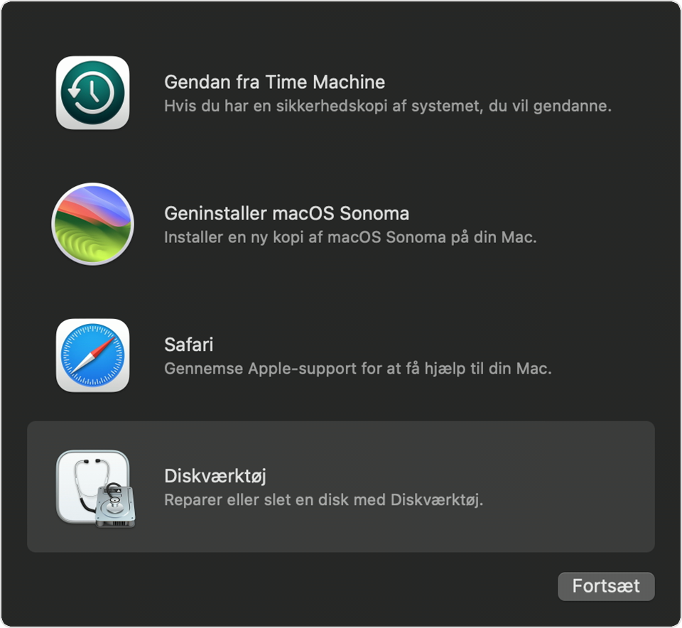 Vindue med hjælpeprogrammer i macOS-gendannelse