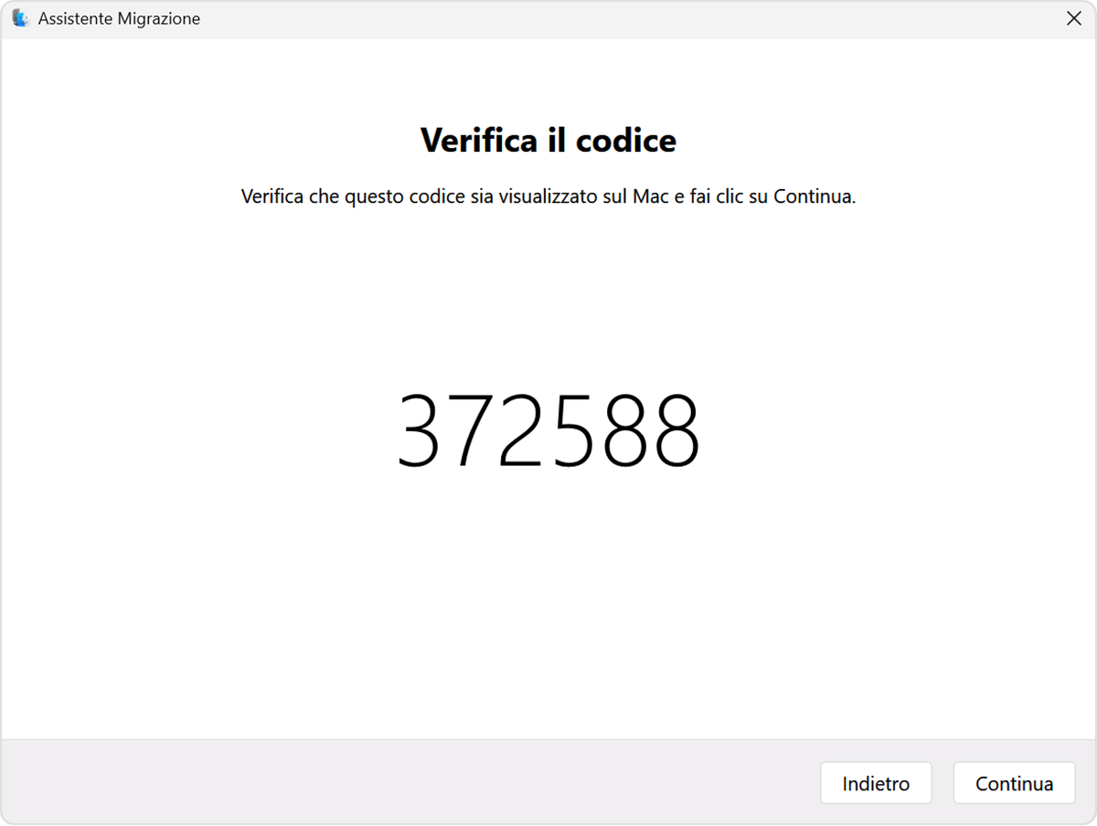 Assistente migrazione su PC: Verifica codice
