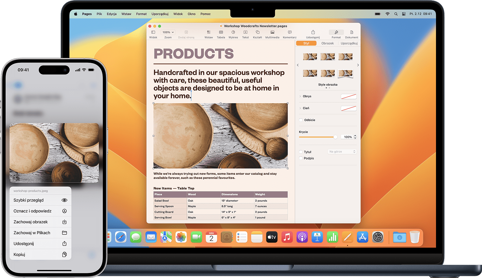 Zdjęcie skopiowane z ekranu iPhone’a i wstawione do dokumentu na ekranie iPada