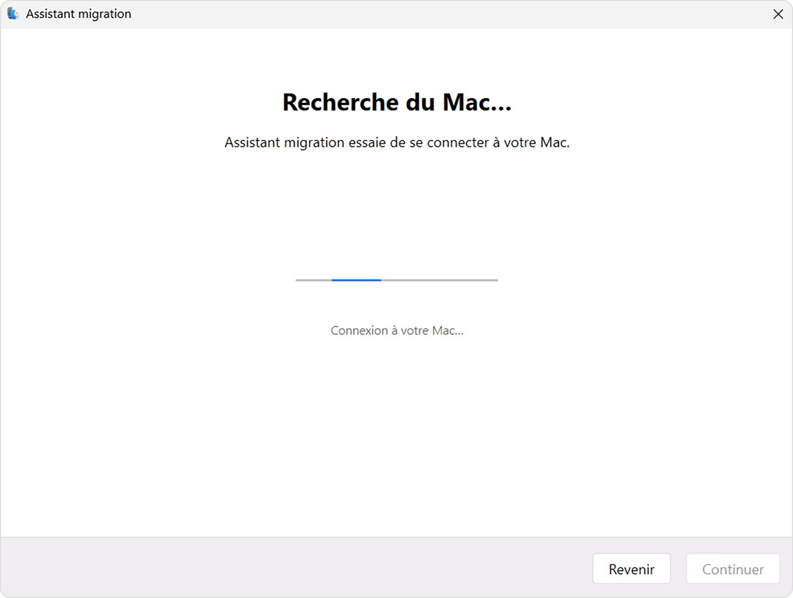 Assistant migration sur PC : recherche du Mac...