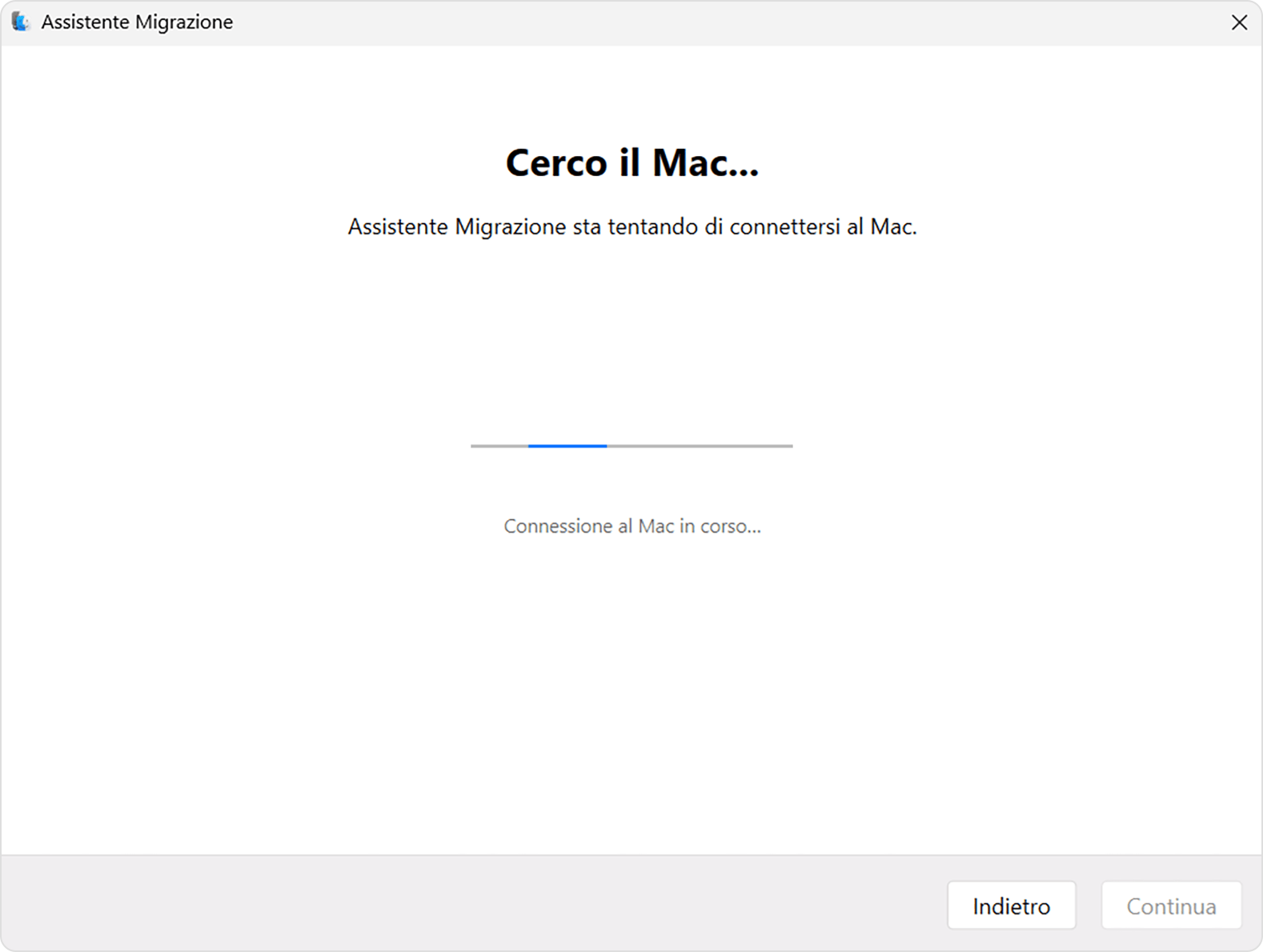 Assistente Migrazione su PC: Looking for Mac... (Cerco il Mac...)