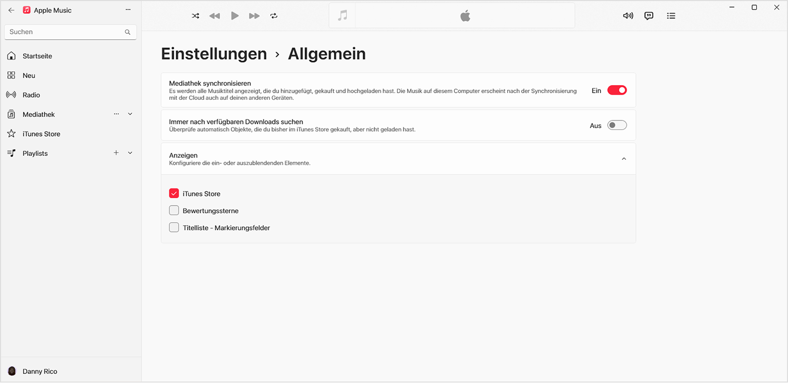 Die Allgemeinen Einstellungen der Apple Music-App für Windows. Der iTunes Store ist ausgewählt.