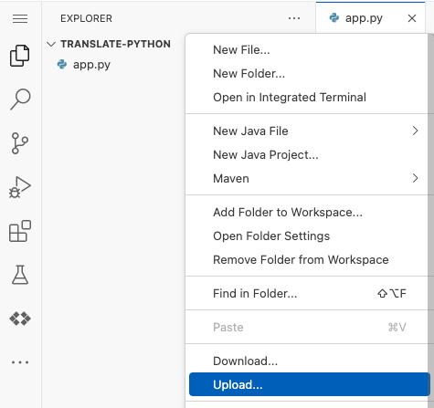 Faça upload de um arquivo para o projeto do editor do Cloud Shell.