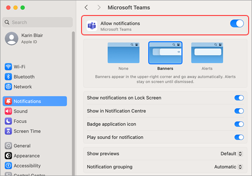 הגדרות מערכת של Mac מאפשרות הודעות של Microsoft Teams