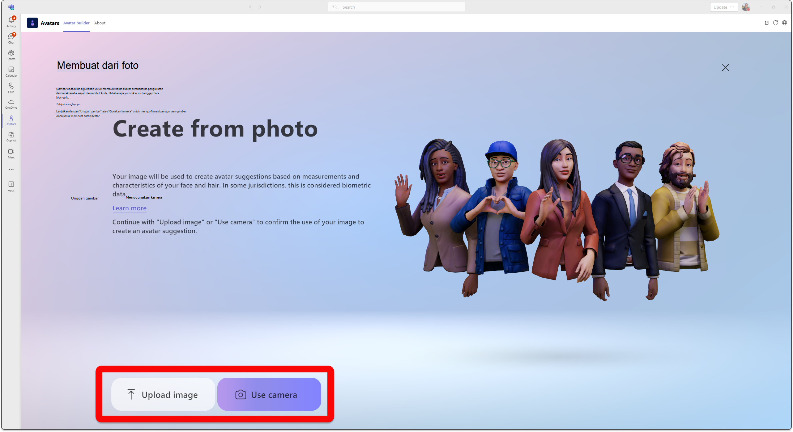 Cuplikan layar aplikasi avatar di teams yang memperlihatkan cara membuat avatar dari gambar yang diunggah atau dari kamera komputer Anda.
