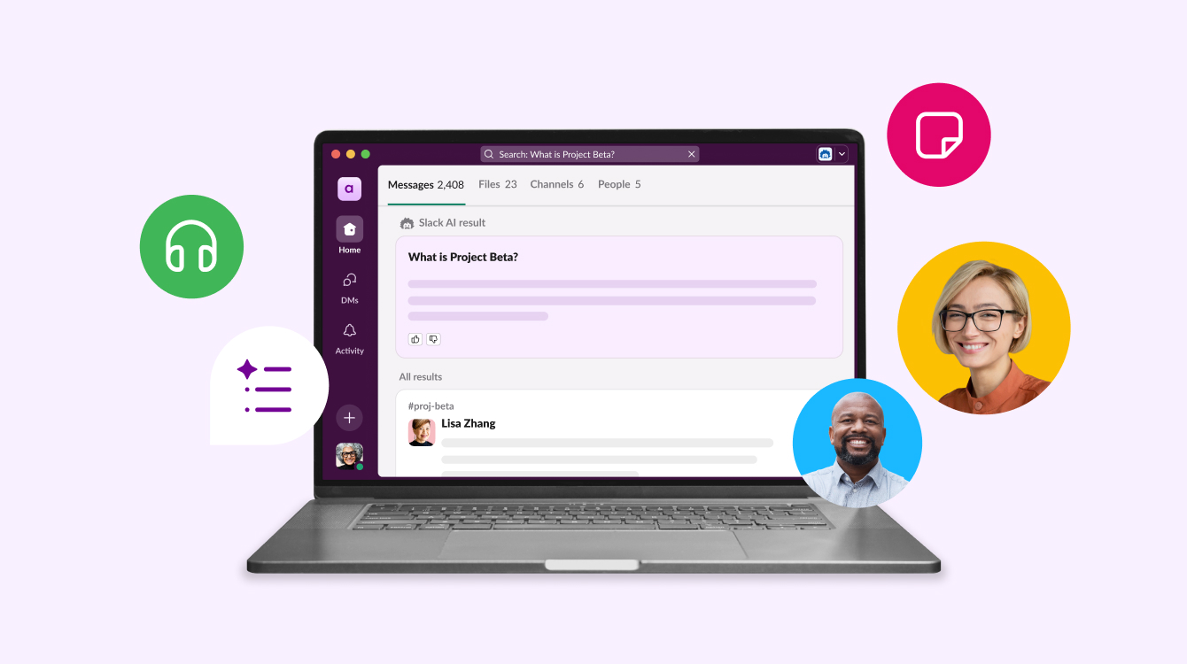 A computer with the Slack app and features representing Slack