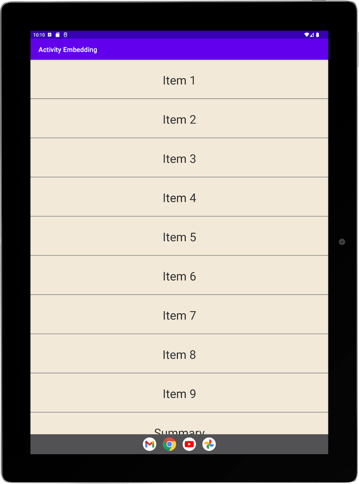 Large tablet with sample app running in portrait orientation. List activity full screen.