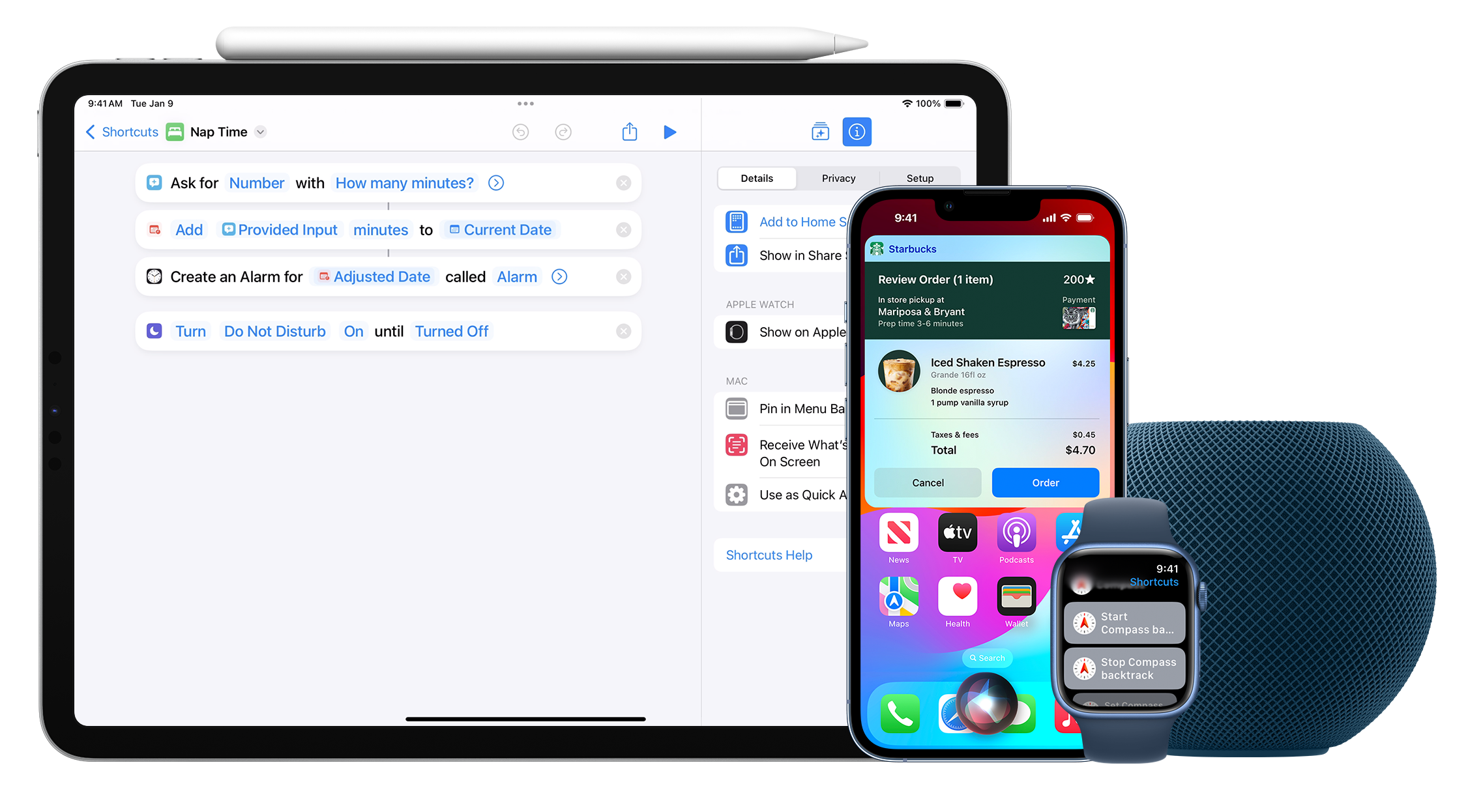 Siri open on iOS, iPadOS, watchOS, and HomePod.
