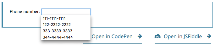 Ein Eingabefeld hat den Fokus mit einem blauen Fokusring. Die Eingabe hat ein Dropdown-Menü mit vier Telefonnummern, die der Benutzer auswählen kann.