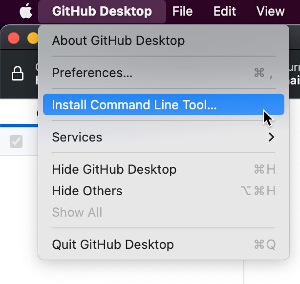 Screenshot der Menüleiste auf einem Mac. Unter dem Dropdownmenü „GitHub Desktop“ ist die Option „Install command line tool“ blau hervorgehoben.