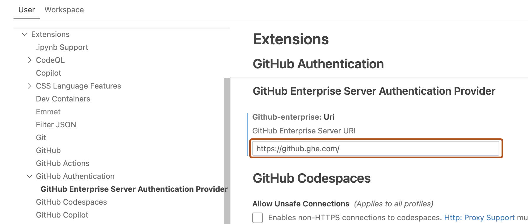 Capture d’écran des paramètres « Extensions » pour « GitHub Authentication », le champ URI est décrit en orange foncé.