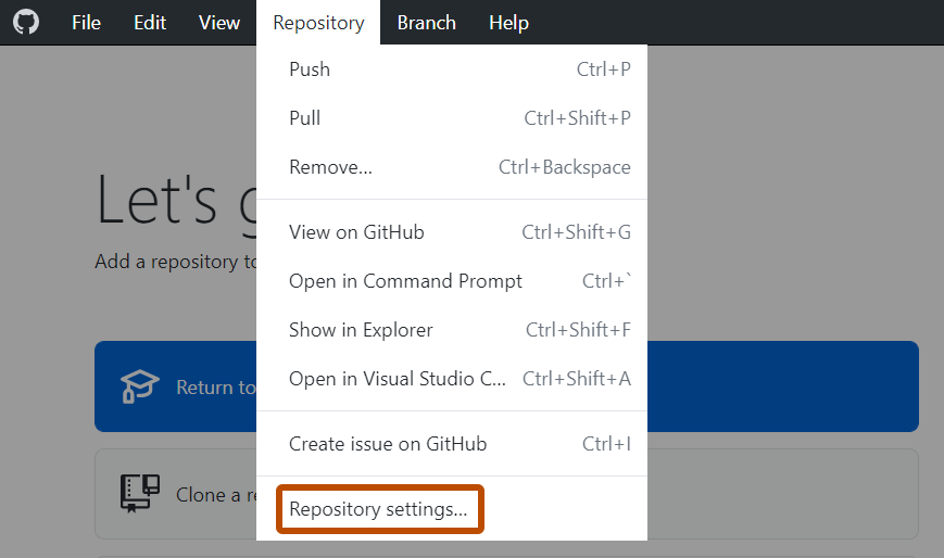 Screenshot of the "GitHub Desktop" menu bar on Windows. In the open "Repository" dropdown menu, the "Repository Settings" option is outlined.