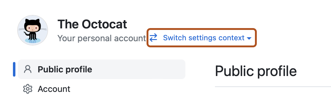 Screenshot of the "Public profile" settings for The Octocat. Next to "Your personal profile," a "Switch settings context" link is outlined in orange.