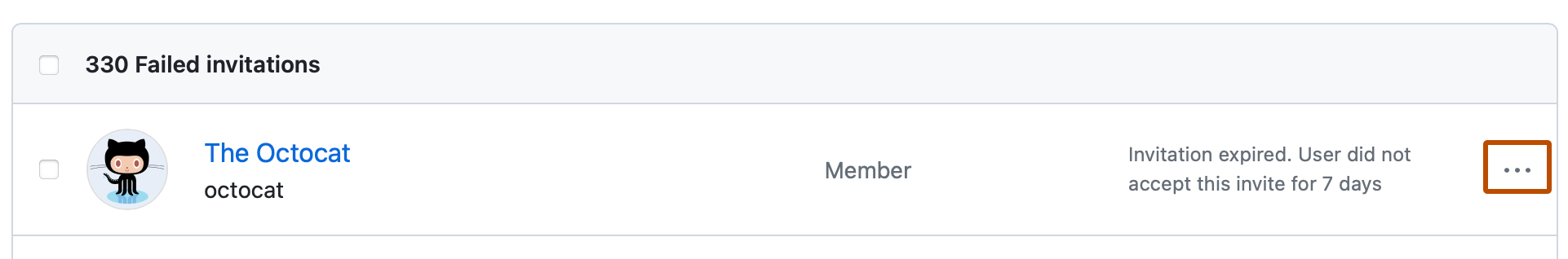 Captura de tela da lista de convites com falha para uma organização. À direita da primeira entrada, há um ícone de kebab com um contorno laranja escuro.