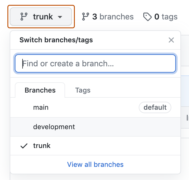 Screenshot of the expanded branch dropdown menu, listing various branches. The "trunk" dropdown menu, shown with a branch icon, is outlined in orange.