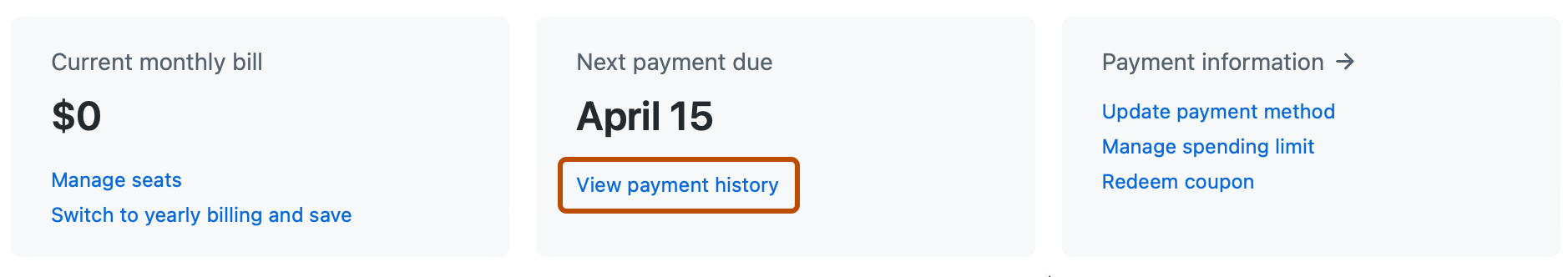 Screenshot of the top of the billing settings page. In the "Next payment due" box, the "View payment history" link is outlined in orange.