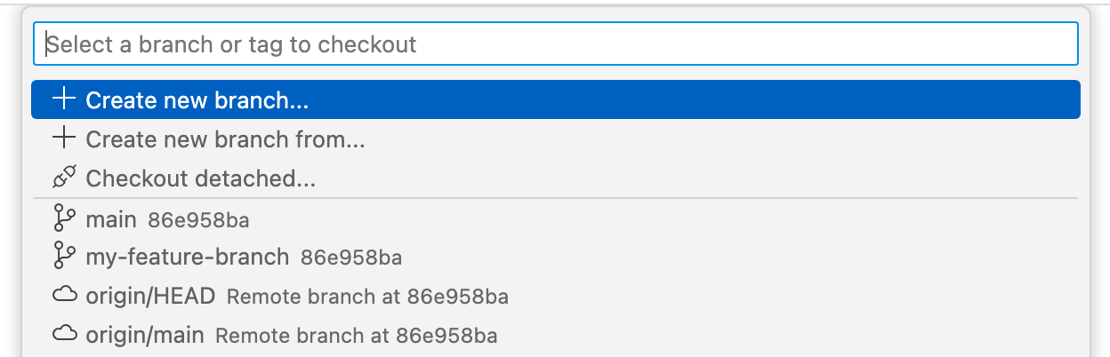 Screenshot of the dropdown for creating a new branch in VS Code.