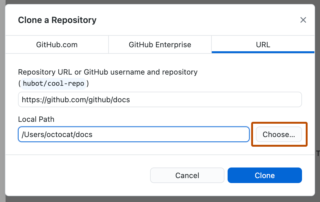 Screenshot of the "URL" tab of the "Clone a Repository" window. Next to the "Local Path" field, a button, labeled "Choose", is outlined in orange.