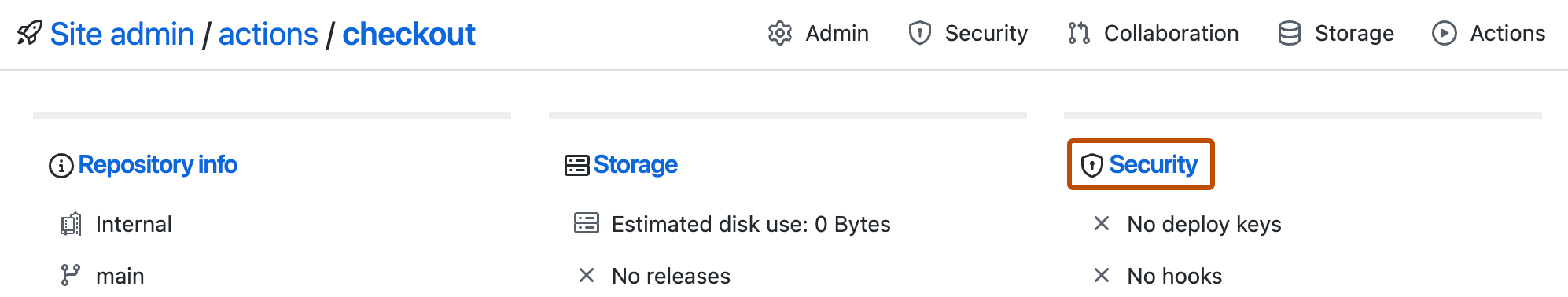 リポジトリのサイト管理者の詳細のスクリーンショット。 [セキュリティ] リンクがオレンジ色の枠線で強調表示されています。