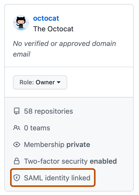 Capture d’écran du résumé des personnes pour @octocat. Un lien, nommé « Identité SAML liée », est mis en évidence à l’aide d’un rectangle orange.