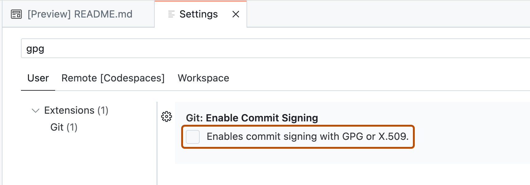 "사용자" 설정 섹션의 스크린샷 "Enables commit signing with GPG or X.509"라는 레이블이 지정된 선택 취소된 확인란이 주황색 윤곽선으로 표시됩니다.