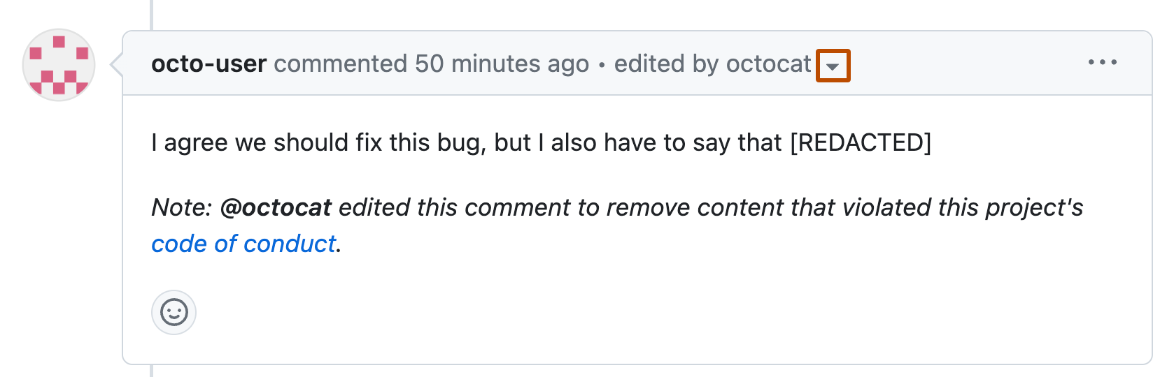 Screenshot of a comment by octo-user, which is partially redacted. In the header, next to "edited by octocat", a dropdown icon is outlined in orange.