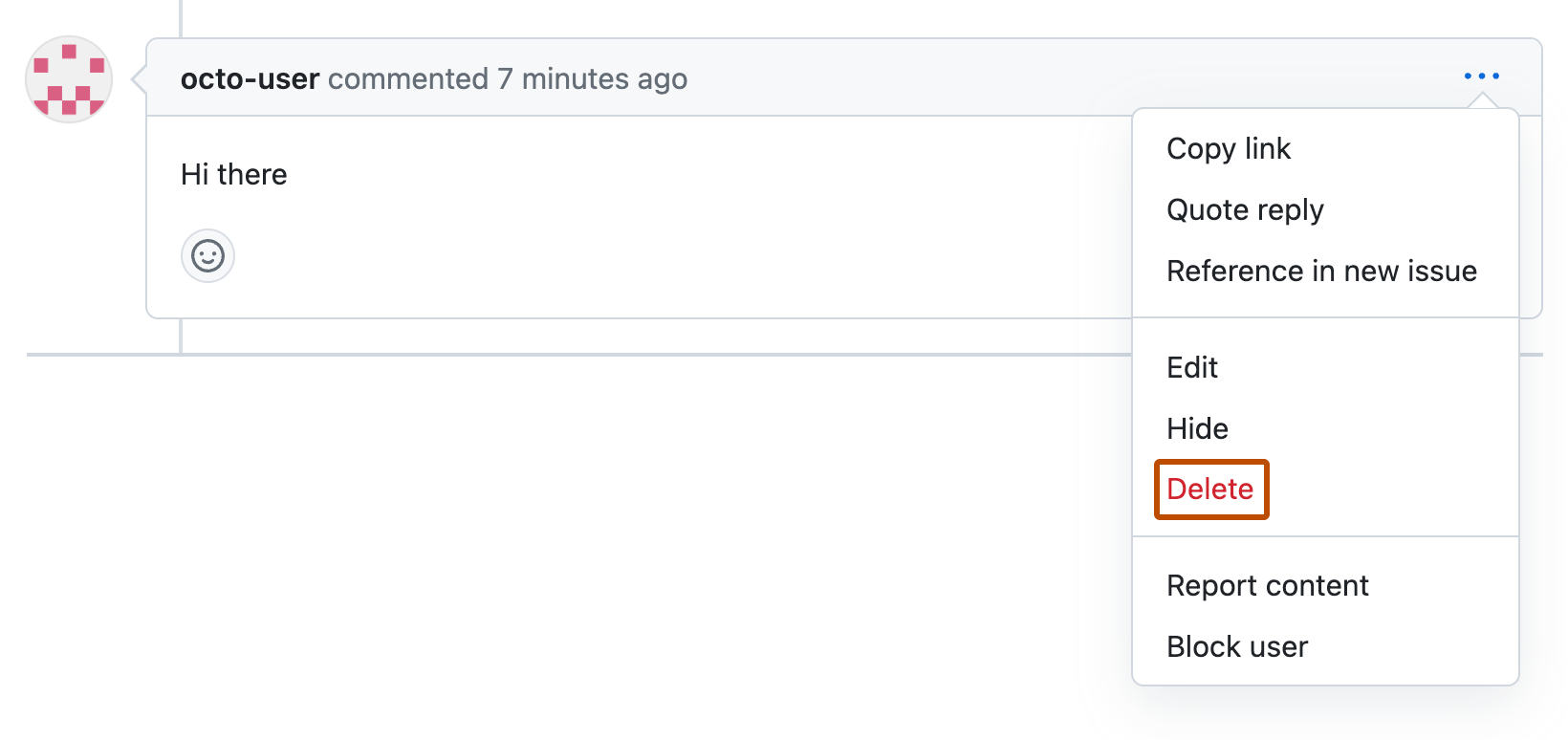 Screenshot of a pull request comment by octo-user. Below an icon of three dots, a dropdown menu is expanded, and "Delete" is outlined in orange.