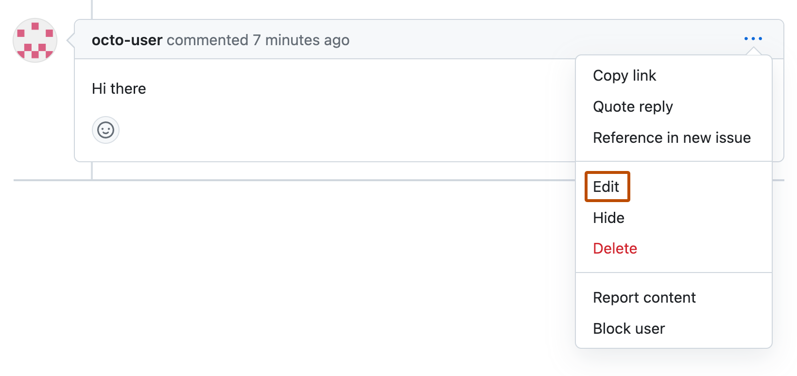 Screenshot of a pull request comment by octo-user. Below an icon of three dots, a dropdown menu is expanded, and "Edit" is outlined in orange.