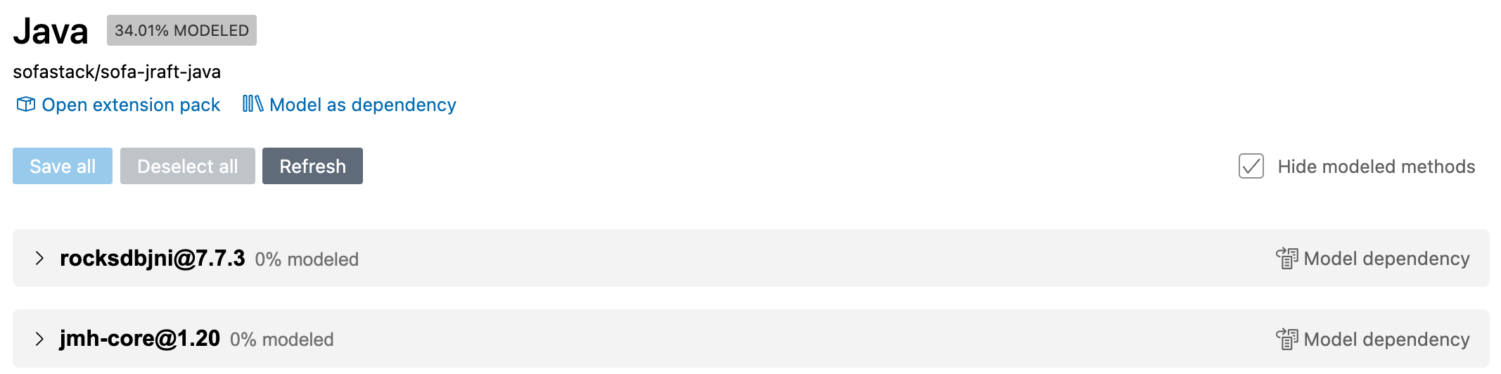 Screenshot of the "Application mode" view showing two of the external Java frameworks used by the "sofa-jraft" codebase.