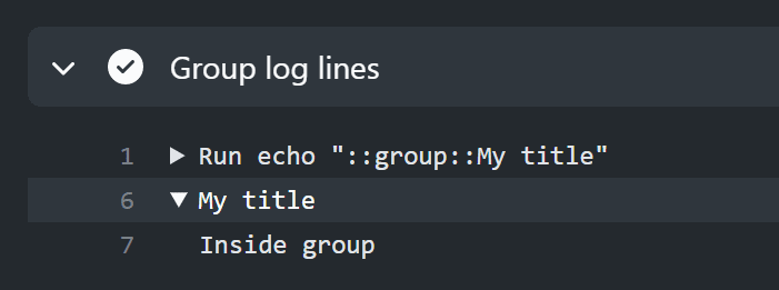 Screenshot of the log for the workflow step. The second line, "My title", is an expanded group. The next line, "Inside group", is indented below.