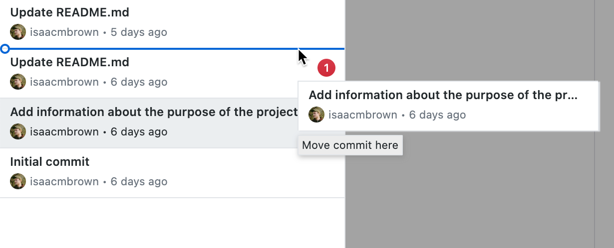 Screenshot of a list of commits in the "History" tab. The cursor hovers over a narrow line between two commits as one commit is moved, see "one" icon.