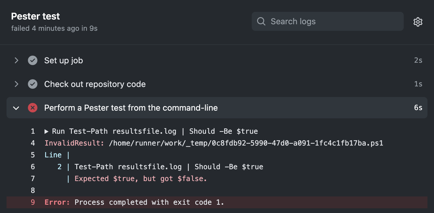 Screenshot of a workflow run failure for a Pester test. Test reports "Expected $true, but got $false" and "Error: Process completed with exit code 1."