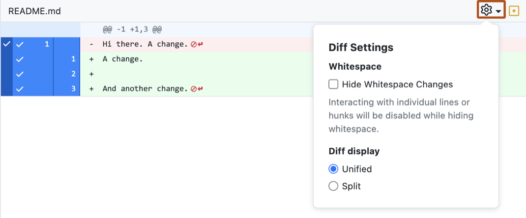 Screenshot of the diff view of a file. A gear icon is outlined in orange and expanded to display "Whitespace" and "Diff display" settings.